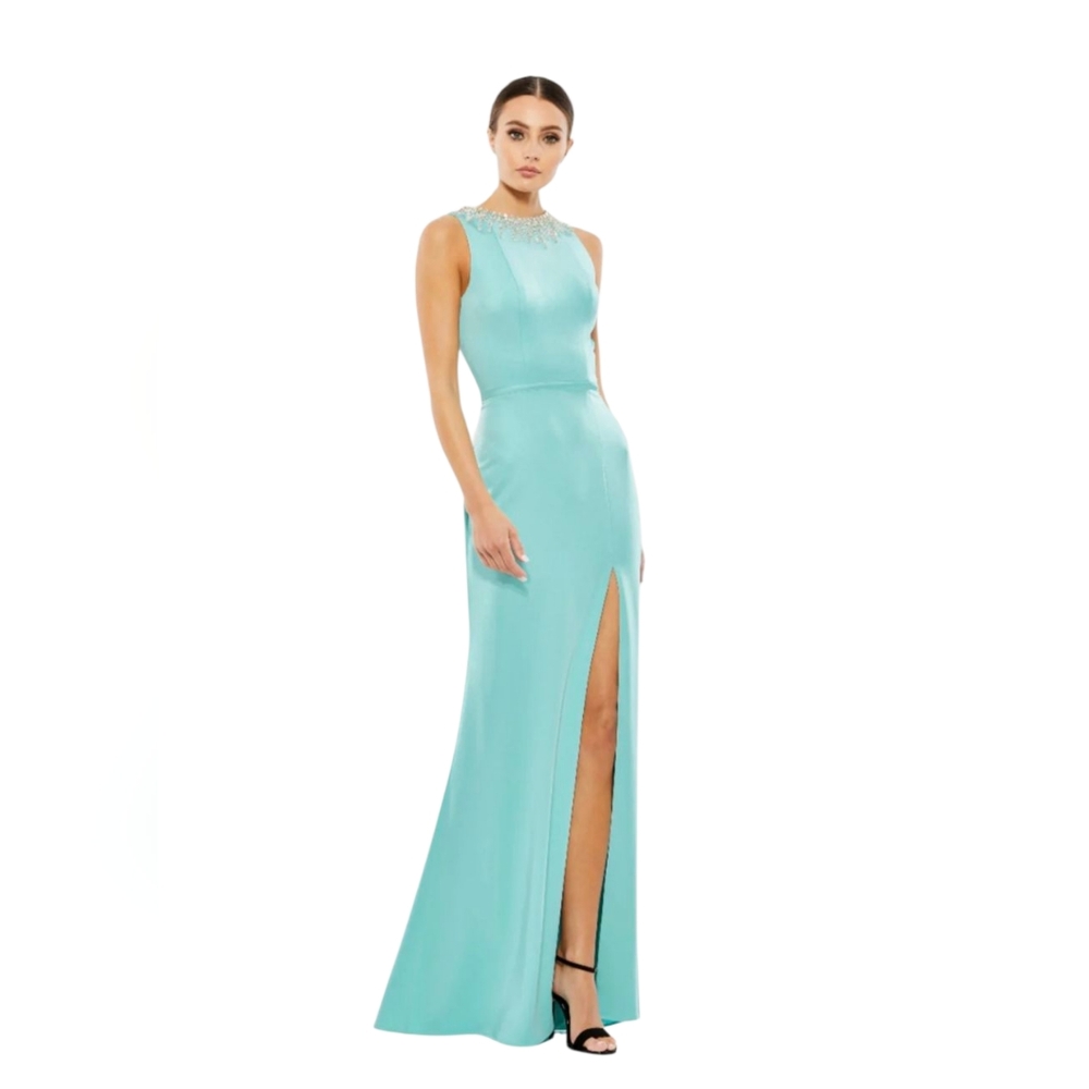 Mac Duggal 26516 NWT Blue Sleeveless Rhinestone Collar Column Gown